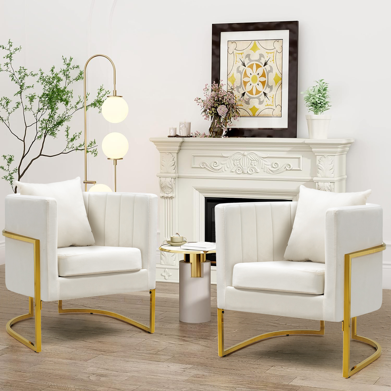 Velvet Accent Barrel Chairs Set of 2, Modern Arm Club Chair Set with Pillow for Living Room/Bedroom/Guest Reception, Channel Tufted, Gold Finish Base, White
